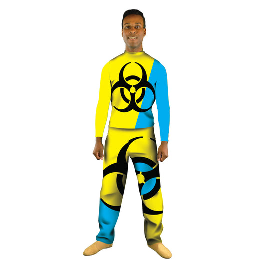 Photo of man in yellow biohazard costume.  Yellow Tunic Radioactive Neon Movement Leggings Hazard Explore Dance Colorful Circus Bright Blue Bio Apocolypse Abstracts Abstract