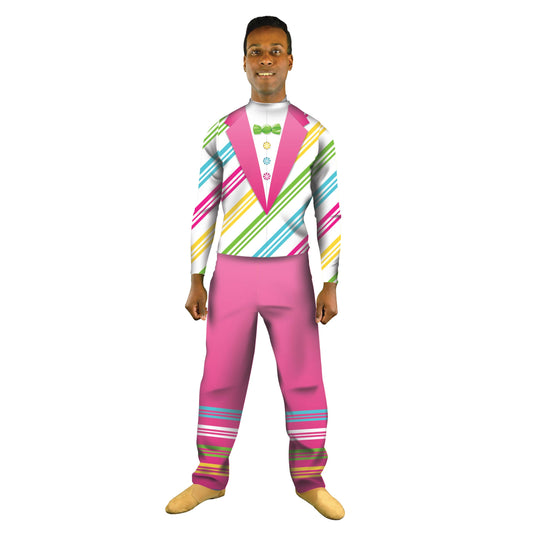 Photo of many in candy suit costume. Yellow Top Sweets Suit Stripes Pink Pant Lollipop Gumdrop Explore Colorful Circus Characters Character Carnival Candy Land Candy Bright Barbershop