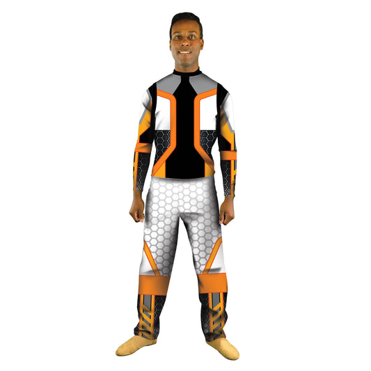 Photo of man  in sci-fi pilot costume. Top Tech Star Space Science Sci-Fi Robotic Robot Pilot Pant Orange Hi-Tech Galaxy Galactic Future Fighter Fiction Explore Characters Character Armor