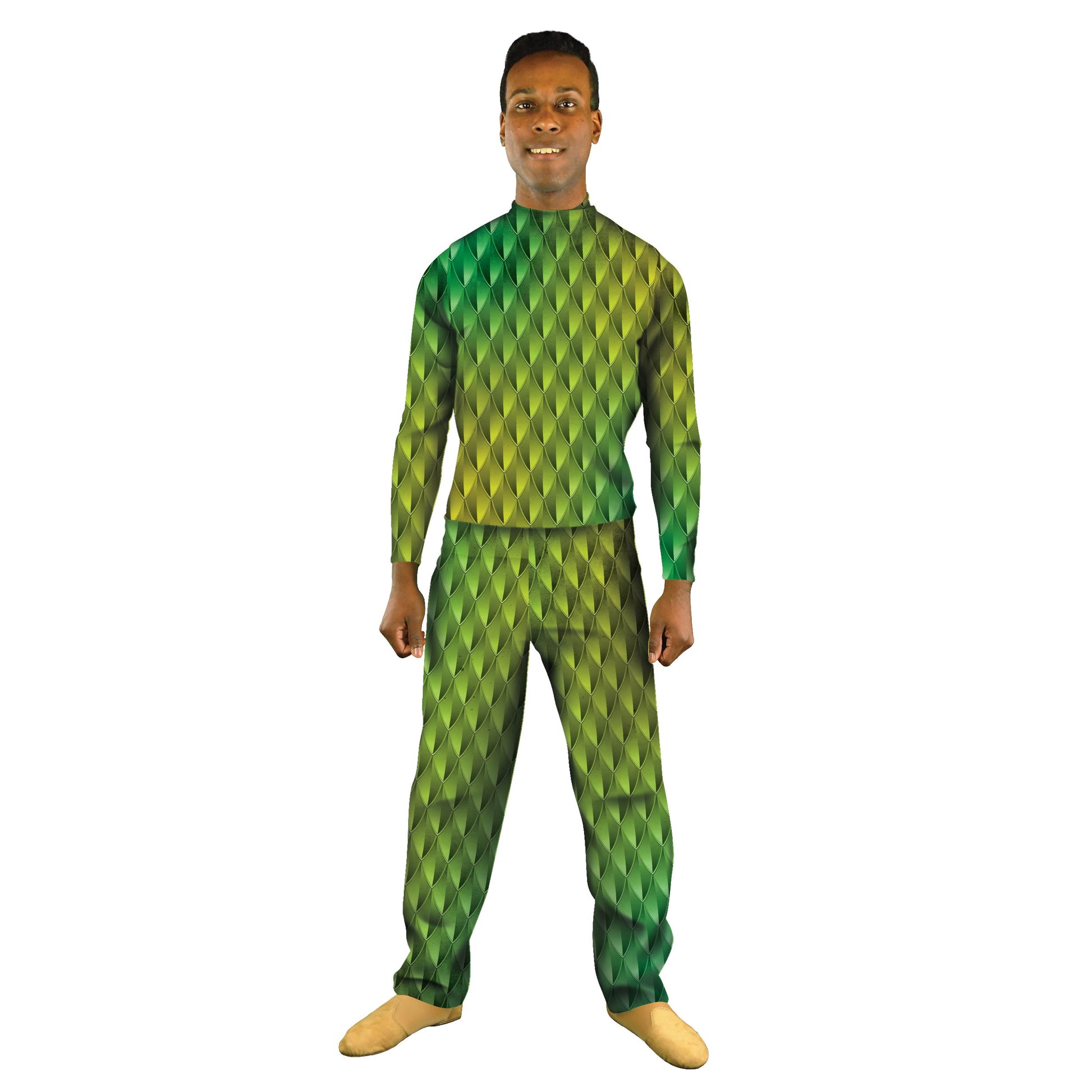 Man wearing green dragon scale costume. Yellow Top Scales Pant Mythology Myth Medieval Knight Green Fiction Fantasy Fairytail Fairy Explore Dragon Creature Bases Base Animal