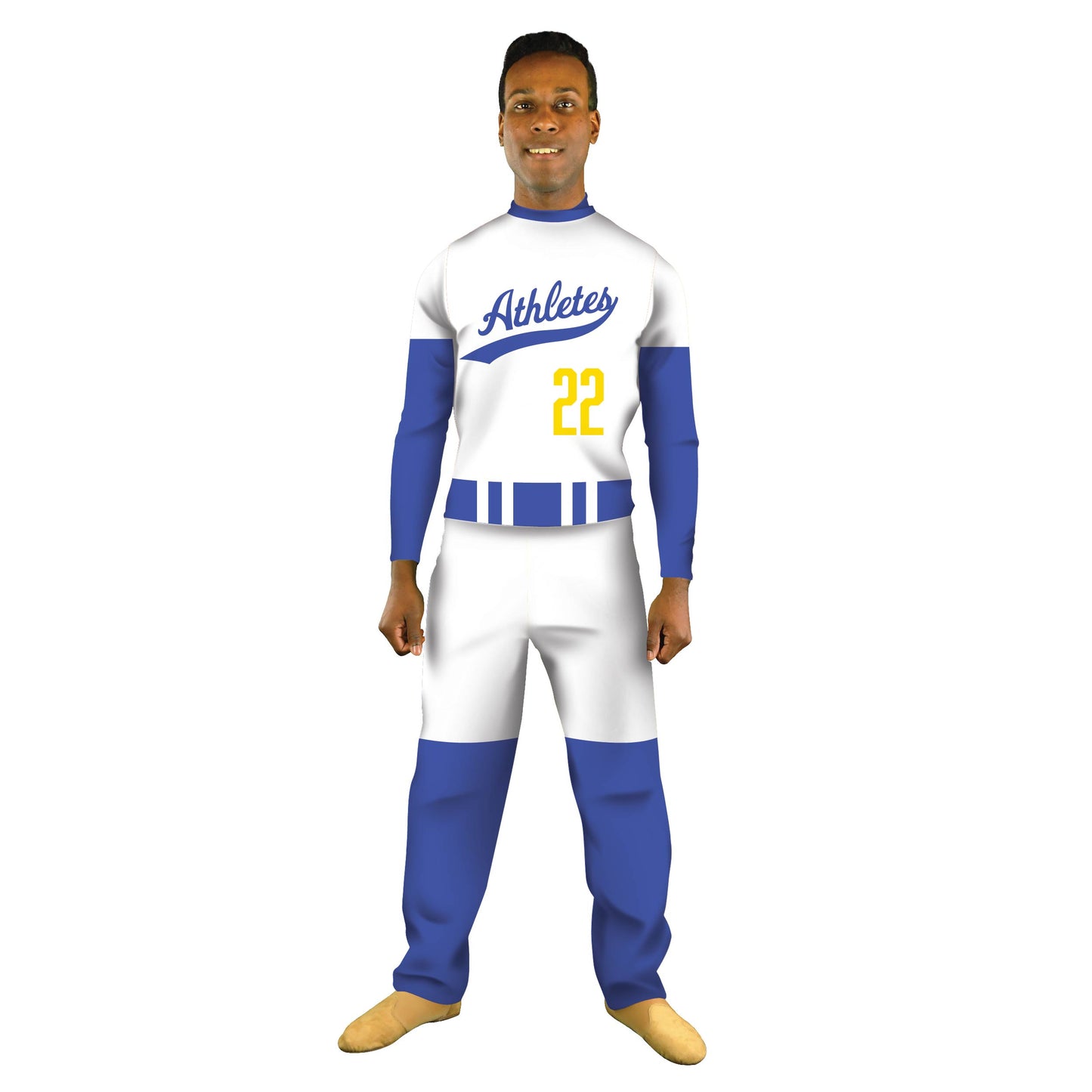 Photo of man in baseball player costume. Uniform Top Team Sports Sport Player Pant Mock Clothing Explore Characters Character Bright Blue Baseball Ball Athlete American America