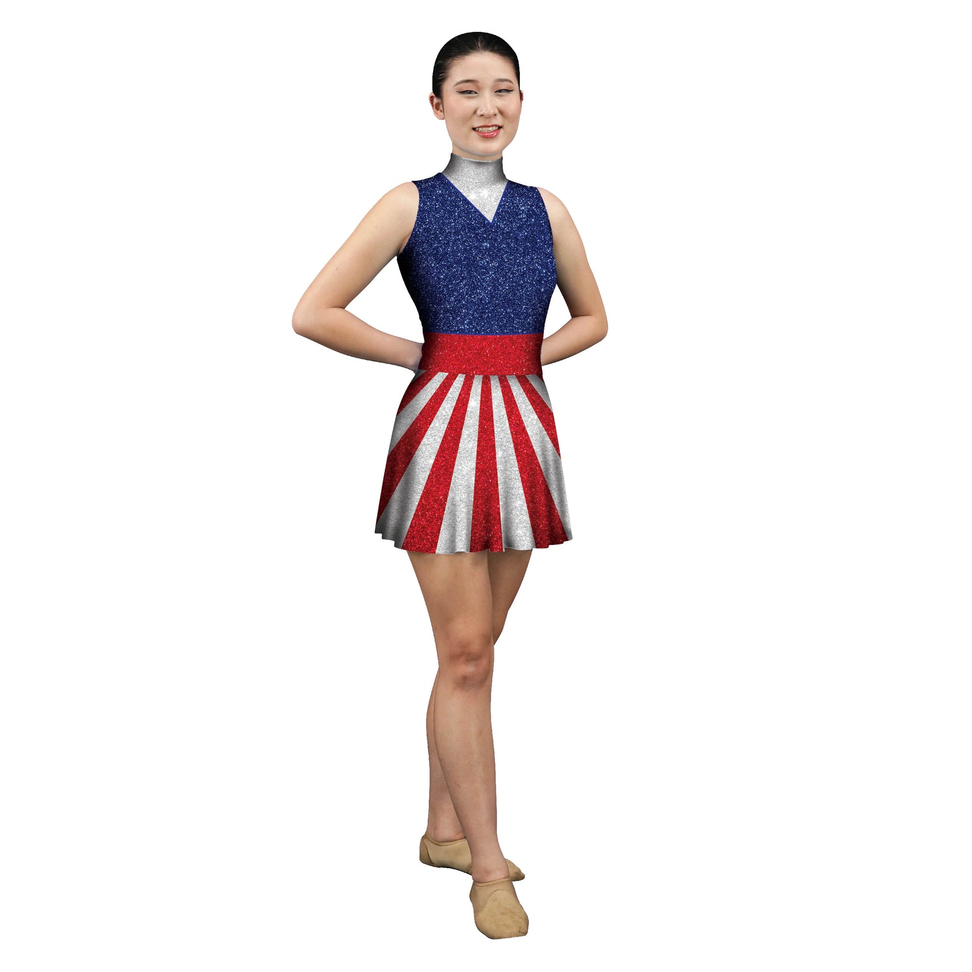 Photo of woman in patriotic Dress. White Uncle Sam Top Sparkle Spangled Skating Red Patriot Pant Movement July Gymnastics Fourth Fireworks Figure Fair Explore Dance Circus Carnival Blue American America Abstracts Abstract 50's