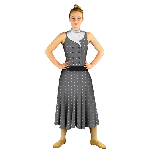 Photo of woman in grey dress. Vintage TV Television Pop-Culture Mock Clothing Mid Dress Lucy I Love Lucy Grey Explore Dress Cosplay Classic Black and White 50's