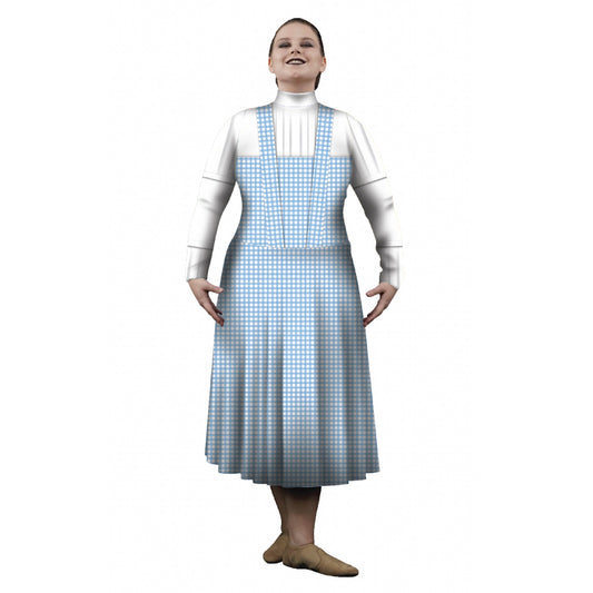 Photo of woman wearing a blue dorothy dress. Yellow wizard witch Tinman Theatre Theater scarecrow road Pop-Culture Plays Play oz Musical Mock Clothing Mid Dress lion film Farm Explore emerald Disney Classic brick Bluze