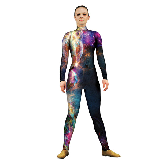 Woman wearing abstract costume. Universe Unitard Trippy Space Science Sci-Fi Rainbow Psychedelic Multi-Color Movement Gymnastics Galaxy Fractal Explore Dancer Dance Colorful Abstracts Abstract