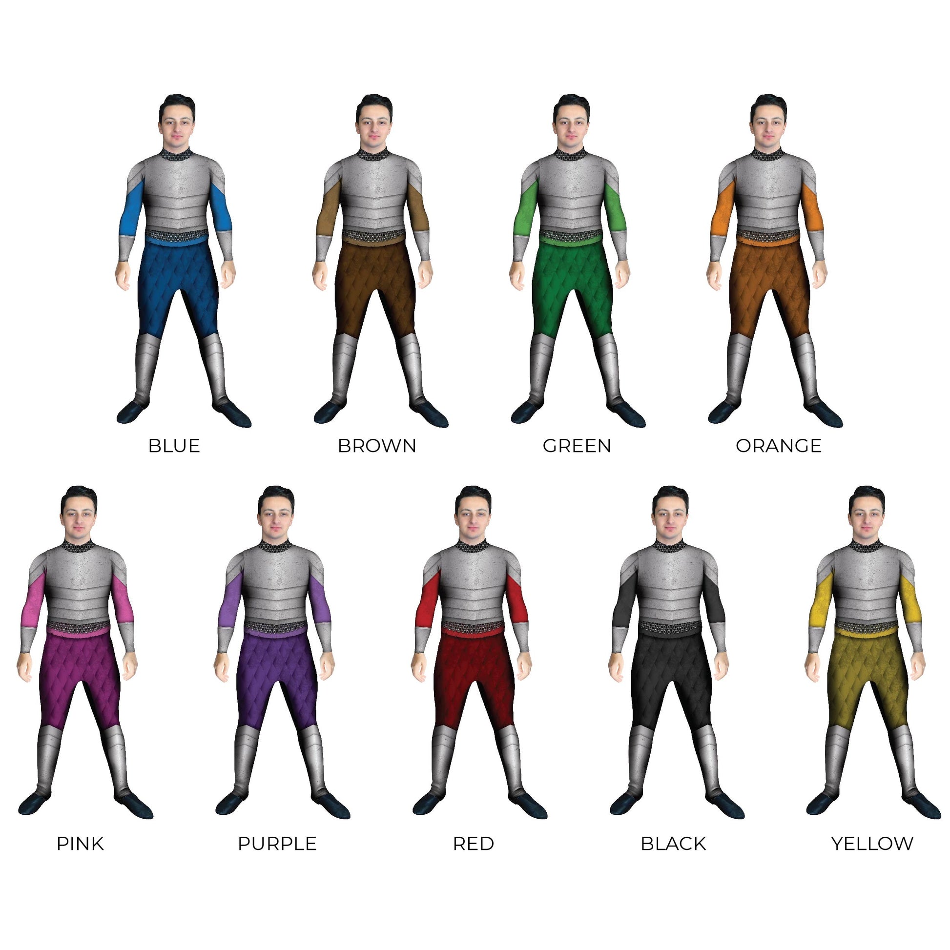 Grid of Men in Multi-Colored Knight Costumes. Unitard Steel Sleeved Rainbow Prince Medieval Knight Featured Fantasy Fairytail Fairy Explore Dragon Colors Characters Character Armor