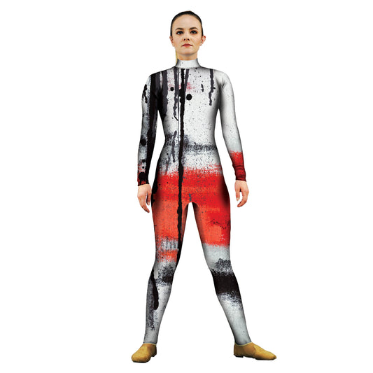 Photo of woman in spray paint costume. White Urban Unitard Spray Red Painting Paint Movement Messy Gymnastics Grunge Graffiti Explore Dancer Dance city Blue Black Abstracts Abstract