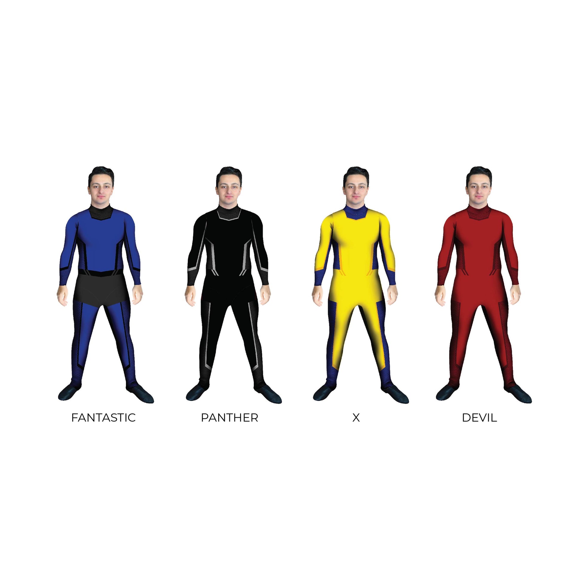 Grid of men in super hero costumes. Unitard Superman Super Powers Super Hero Super Sleeved Science Sci-Fi Powers Marvel Future Explore Disney DC Comics Comic Book Batman Bases Base