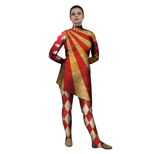 Photo of woman in circus costume. Vintage Tunic Stripes Red Popcorn Movement Leggings Jester Harlequin Fair Explore Dance Clown Classic Circus Carny Carnival Carnie American America Abstracts Abstract