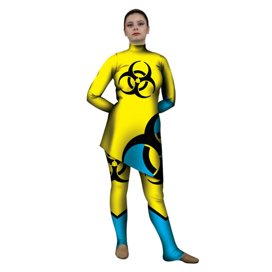 Photo of woman in yellow biohazard costume.  Yellow Tunic Radioactive Neon Movement Leggings Hazard Explore Dance Colorful Circus Bright Blue Bio Apocolypse Abstracts Abstract