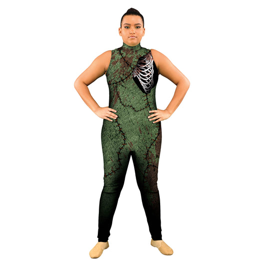 Photo of woman in zombie costume. Zombie Villain Unitard Undead Sleeveless Sci-Fi Pop-Culture Horror Green Featured Explore Evil Comics Characters Apocolypse