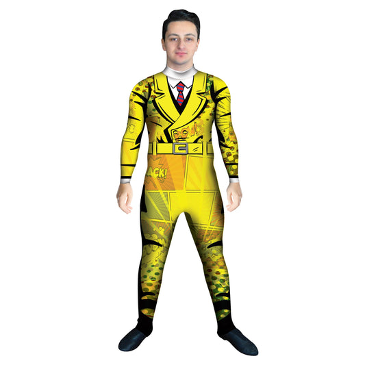 Photo of man in yellow comic book costume. Yellow Unitard Suit Sleeved Pop-Culture Mystery Featured Explore Dick Tracy Detective Cosplay Comics Comic Book Cartoon 50s