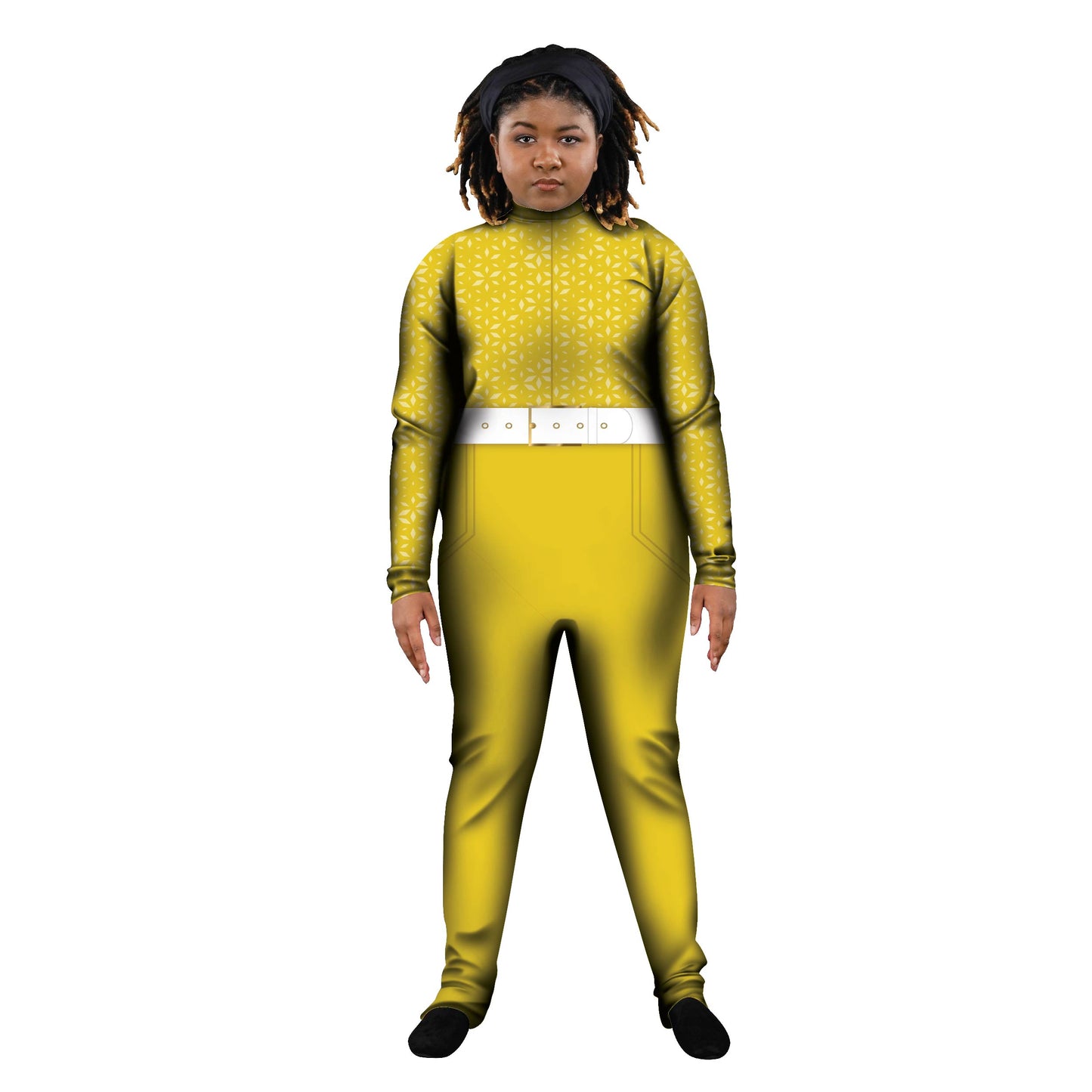 Photo of woman in yellow jumpsuit costume. Yellow Unitard Totally Spy Sleeved Retro Groovy Explore Espionage Characters