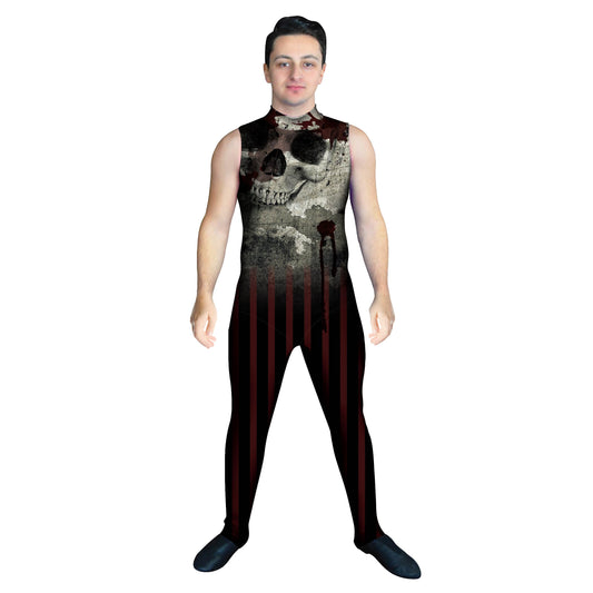 Photo of man in abstract skull pirate costume. Vintage Unitard Swashbuckler Sleeveless Skull Ship Pirate Ocean macabre Goth Explore Dark Boat Black Argh Abstracts Abstract