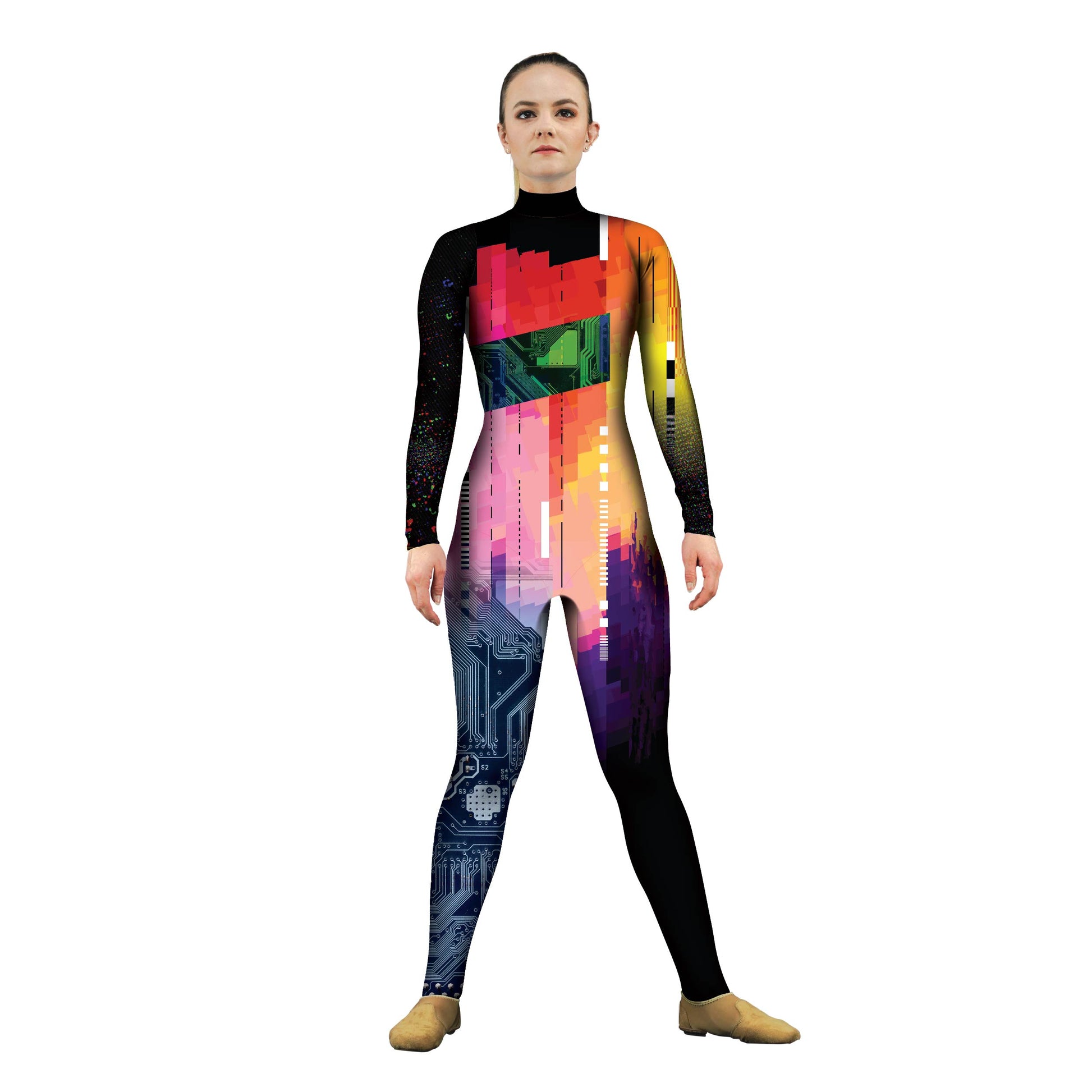 Photo of woman in glitchy costume. Unitard Tech Sleeved Sci-Fi Hi-Tech Glitchy Glitch Future Explore Error Digital Cyberpunk Computer Abstracts Abstract