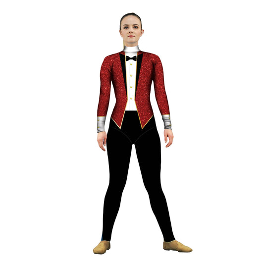 Photo of woman in sparkly suit. Unitard Suit Sleeved Showman Ring Leader Magician Magical Magic Fancy Fair Explore elegant Circus Characters Character Carnival