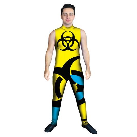 Photo of man in yellow biohazard costume.  Yellow Tunic Radioactive Neon Movement Leggings Hazard Explore Dance Colorful Circus Bright Blue Bio Apocolypse Abstracts Abstract