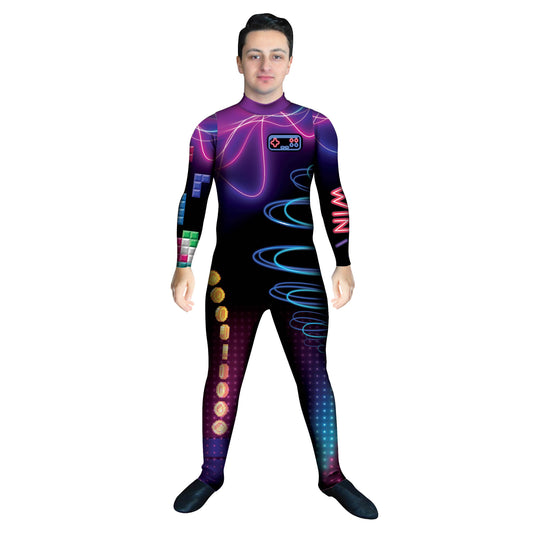 Photo of man in retro gaming costume. Video Games Unitard Tech Sleeved Retro Neon Hi-Tech Gaming Featured Explore Digital Black Arcade Abstracts Abstract 80s 8 bit