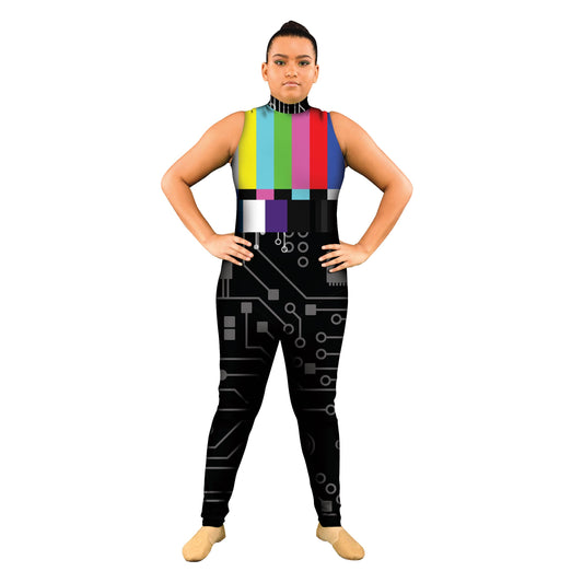 Photo of woman in televsision costume. Unitard TV Tech Sci-Fi Rainbow Hi-Tech Glitch film Explore Electronic Digital Abstracts Abstract