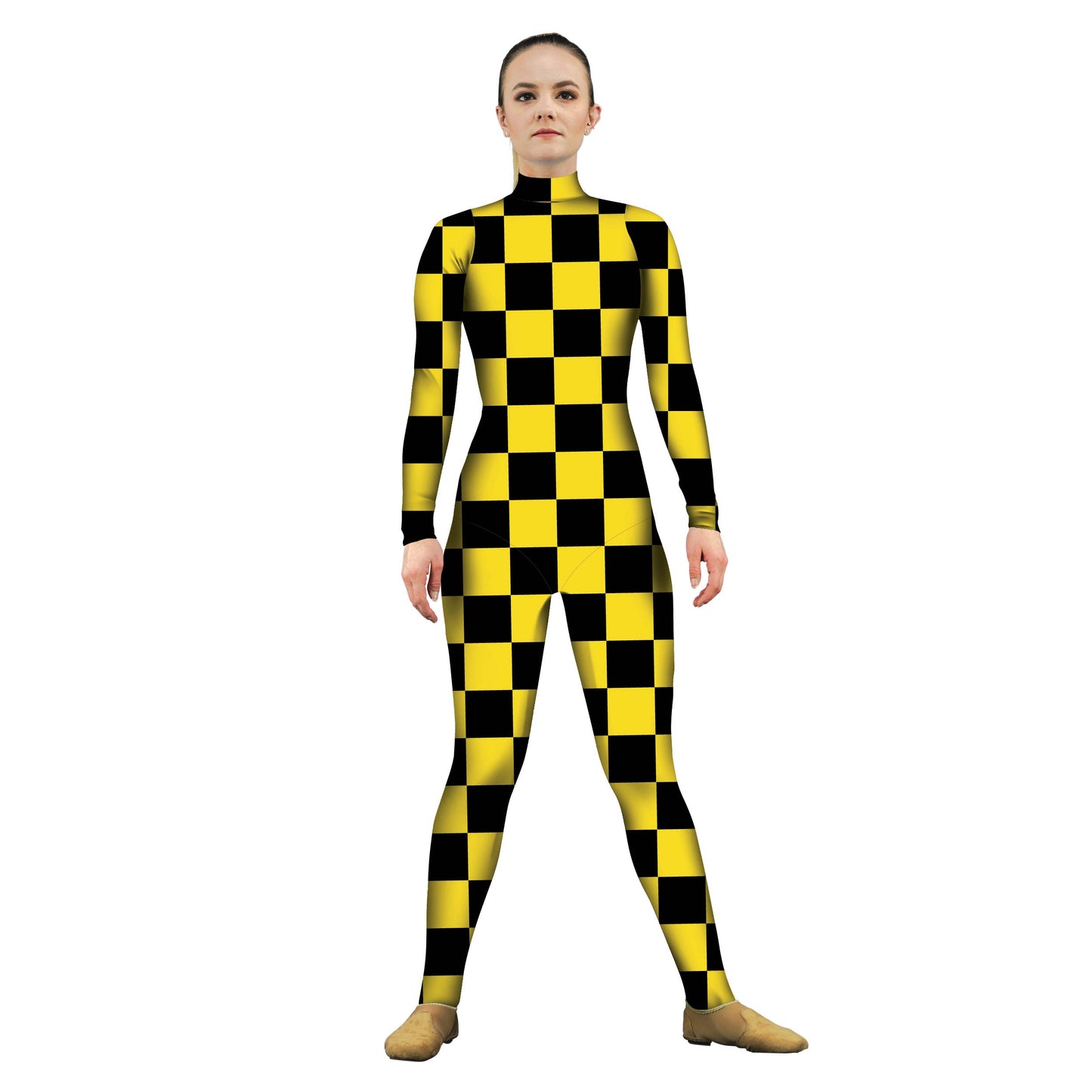 Photo of woman in yellow and black checker costume. Unitard Pattern Grid Explore Checker Check Bases Base