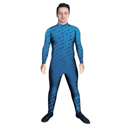 Photo of man in blue costume. Unitard Tech Sleeved Pattern Multi-Color Hi-Tech Explore Digital Blue Black Abstracts Abstract