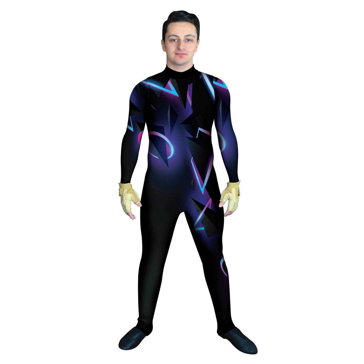 Photo of man in an abstract neon costume. Unitard Tech Sleeved Retro Neon Hi-Tech Geometric Explore Digital Black Abstracts Abstract 80s