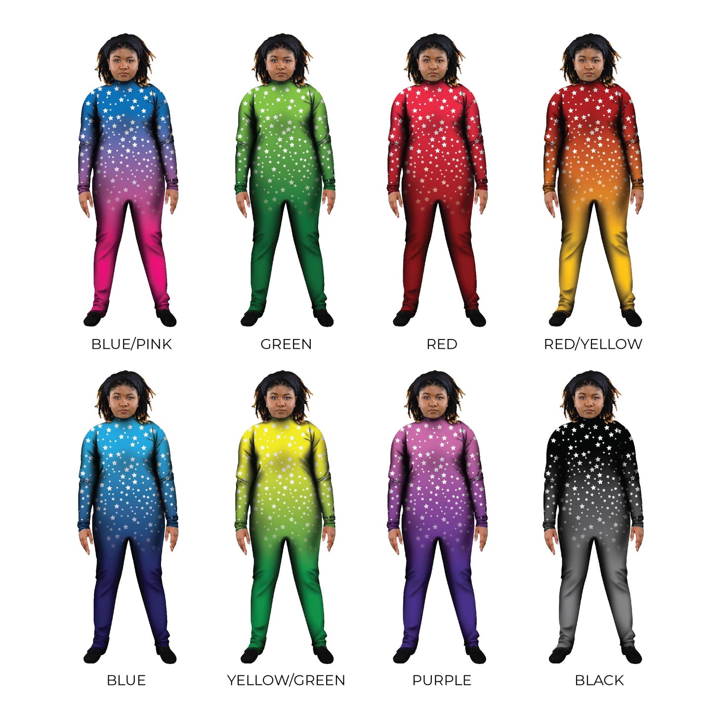 Grid of women in coloful star costumes. Villain Unitard stars Star Sleeved Sky Pattern Night Sky Night Multi-Color Glitter Explore Cartoon Abstracts Abstract