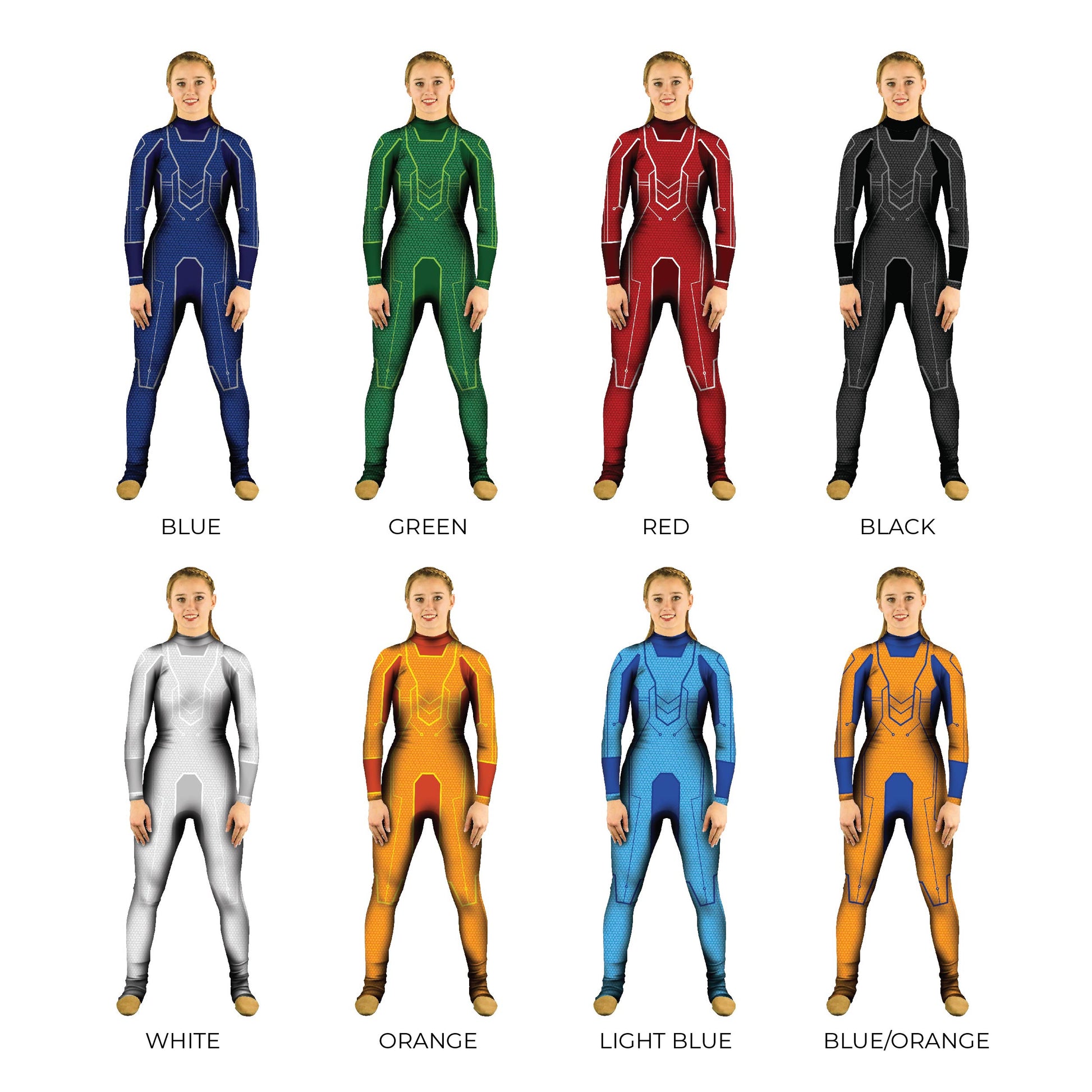 Grid of multi-colored sci-fi costumes. Unitard Tech Space Sleeved Science Sci-Fi Robotic Robot Multi-Color Hi-Tech Galaxy Futuristic Future Explore Digital Cosplay Bases Base