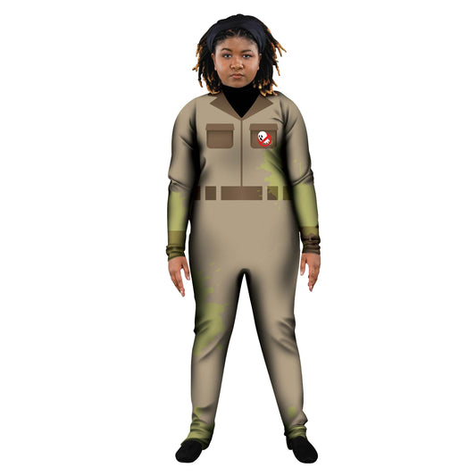 Photo of woman wearing ghostbuster costume. Unitard Spooky Sleeved Science Sci-Fi Retro Pop-Culture Movies Movie Ghosts Ghostbuster Explore Digital Cosplay Buster 80s