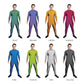 Grid of multi-colored geometric costumes. Unitard Tesselate Tech Subtle Sleeved Shapes Pattern Multi-Color Hi-Tech Geometric Explore Blue Black Abstracts Abstract