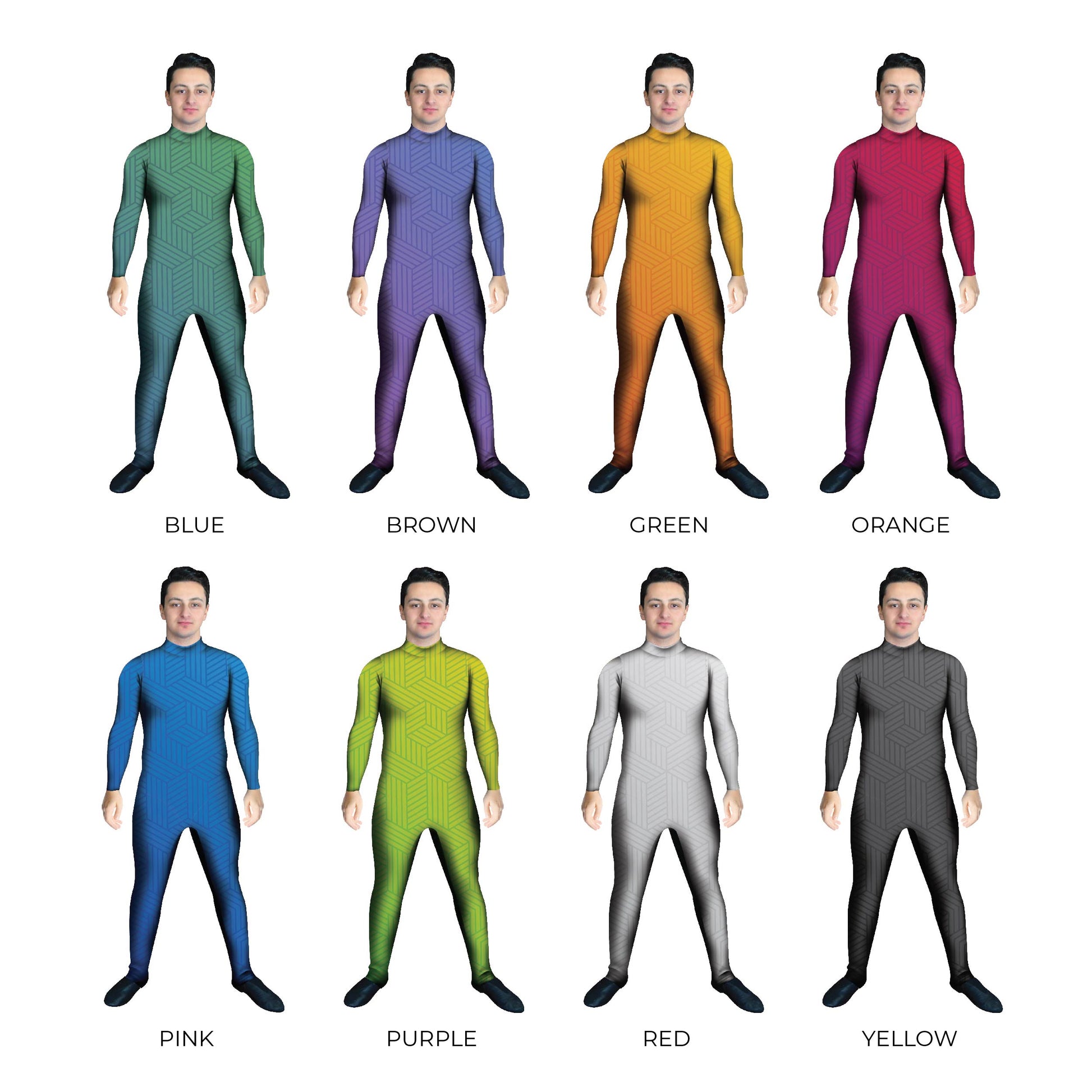 Grid of multi-colored geometric costumes. Unitard Tesselate Tech Subtle Sleeved Shapes Pattern Multi-Color Hi-Tech Geometric Explore Blue Black Abstracts Abstract