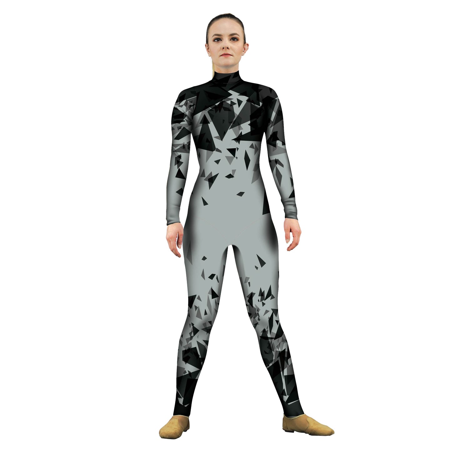 Photo of woman wearing a shattered glass costume. Unitard Triangles Sleeved Sharp Shards Shapes Pattern Multi-Color Glass Geometric Fractal Explore Abstracts Abstract