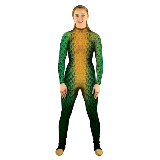 Photo of woman in alligator reptile costume. Unitard Snake Sleeved Scales Reptile Lizard Green Gator Explore Crocodile Croc Characters Character Animal print Animal