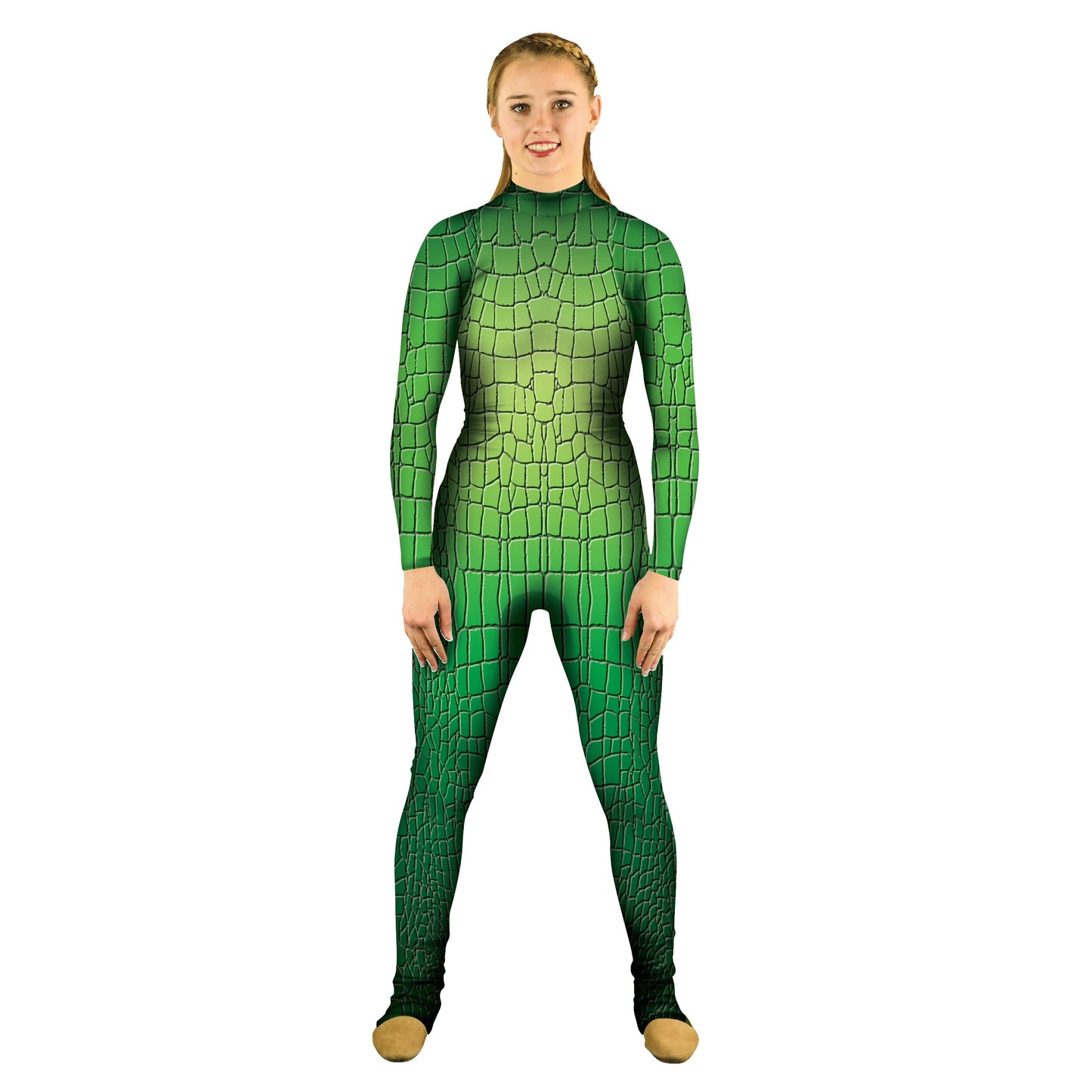 Woman wearing a crocodile costume. Unitard Theatre Theater Sleeved Scales Reptile Peter Pan Green Gator Explore Crocodile Croc Characters Character Animal print Animal