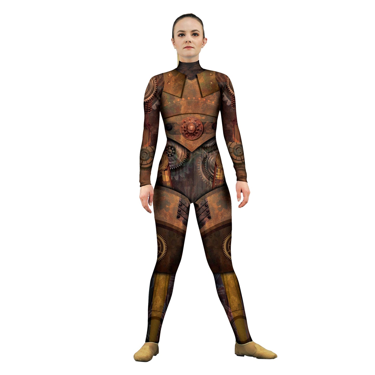 Photo of woman in rusty robot costume. Unitard Steampunk Sleeved Science Sci-Fi Rusty Rust Robotic Robot Movement Gymnastics Gears Future Fiction Featured Explore Dance Copper Characters Character Brown