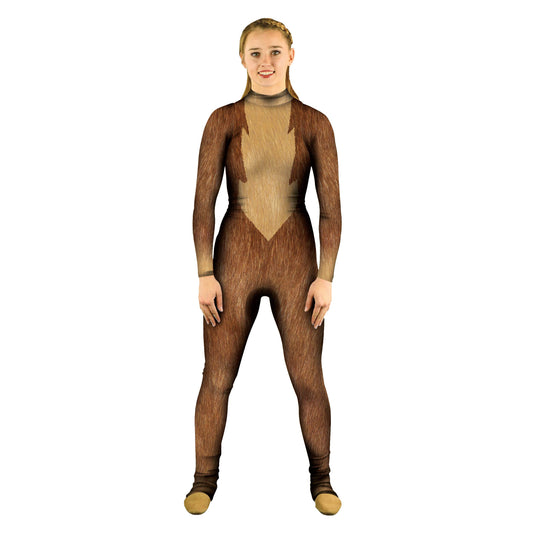 Photo of woman in woodland creature costume. Woods Unitard Theatre Theater Squirrel Sleeved Plays Play Jungle Fur Forest Explore Dance Creature Chipmunk Characters Character Brown Animal