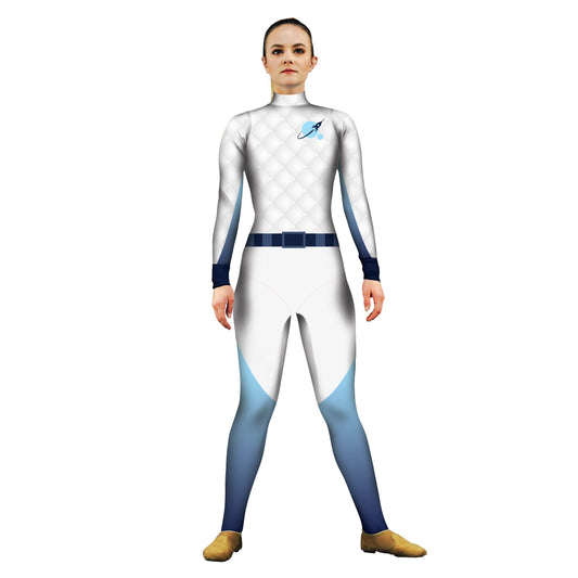 Photo of woman in space cadet costume. White Unitard Treky stars Star Trek Star Space Soldier Sleeved Science Sci-Fi Galactic Future Fiction Fantasy Explore Characters Character Cadet Bright Blue