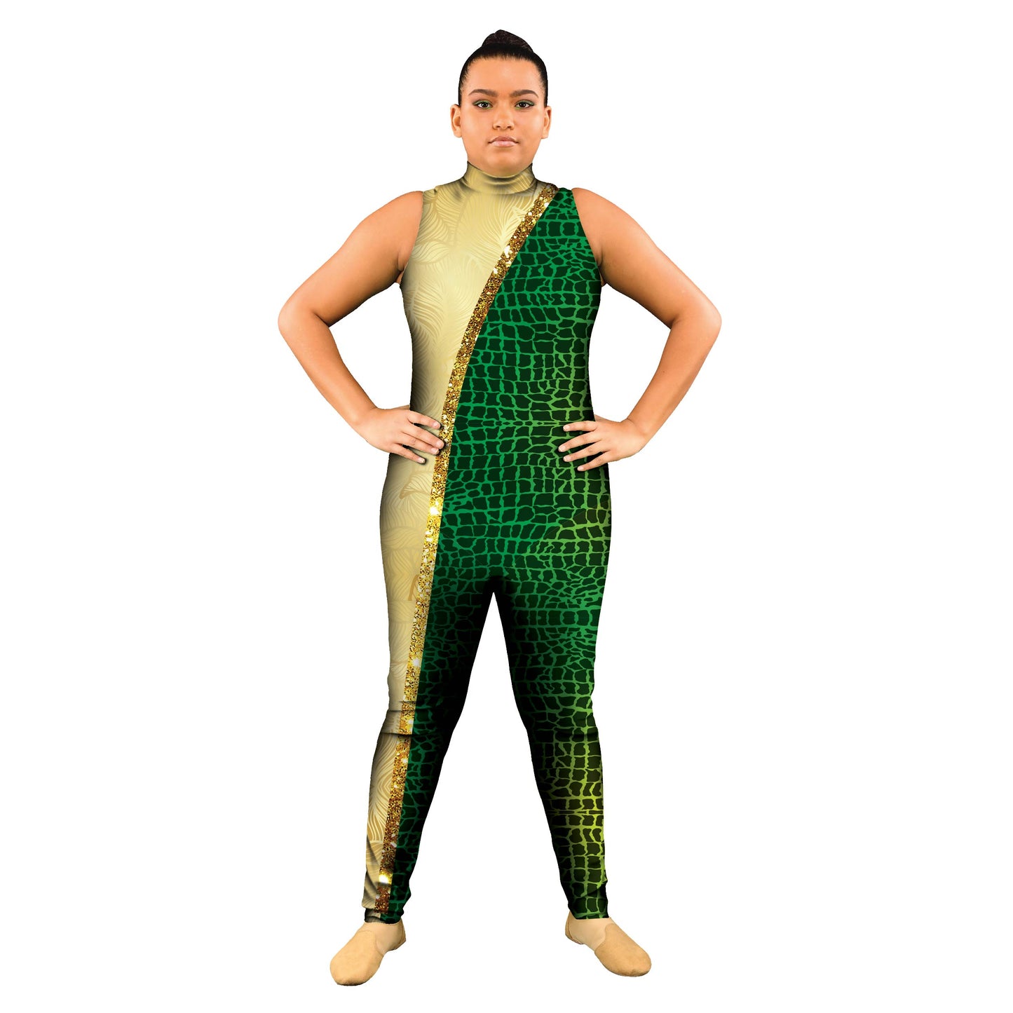 Photo of a woman in a alligator print costume. Unitard Trapeze Sparkle Sleeveless Movement Jungle Gymnastics Green Gold Explore Dancer Dance Circus Carnival Animal print Animal Abstracts Abstract