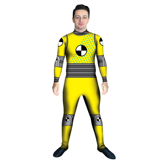 Photo of Man in a Crash Dummy Costume. Yellow Unitard Sleeved Robotic Robot Joke Funny Explore Dummy Crash Characters Character Cartoon Cars