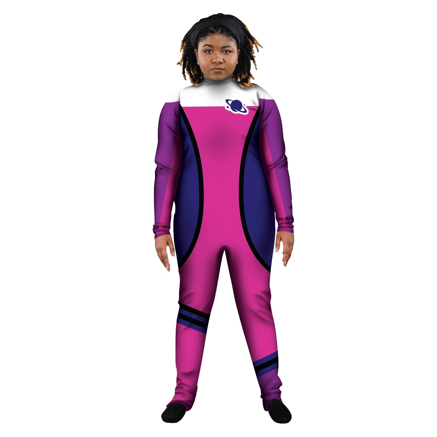 Woman in Space Cadet costume. Unitard Treky stars Star Trek Star Space Soldier Sleeved Science Sci-Fi purple Pink Galactic Future Fiction Fantasy Explore Characters Character Cadet