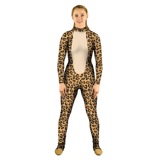 Woman wearing a leopard costume. Unitard Sleeved Savannah Plays Play Leopard Jungle Forest Explore Dance Creature Cheetah Characters Character Cat Brown Animal print Animal Africa