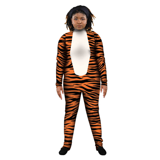 Photo of woman in tiger costume. Unitard Tiger Sleeved Savannah Plays Play Jungle Forest Explore Dance Creature Characters Character Cat Brown Animal print Animal Africa